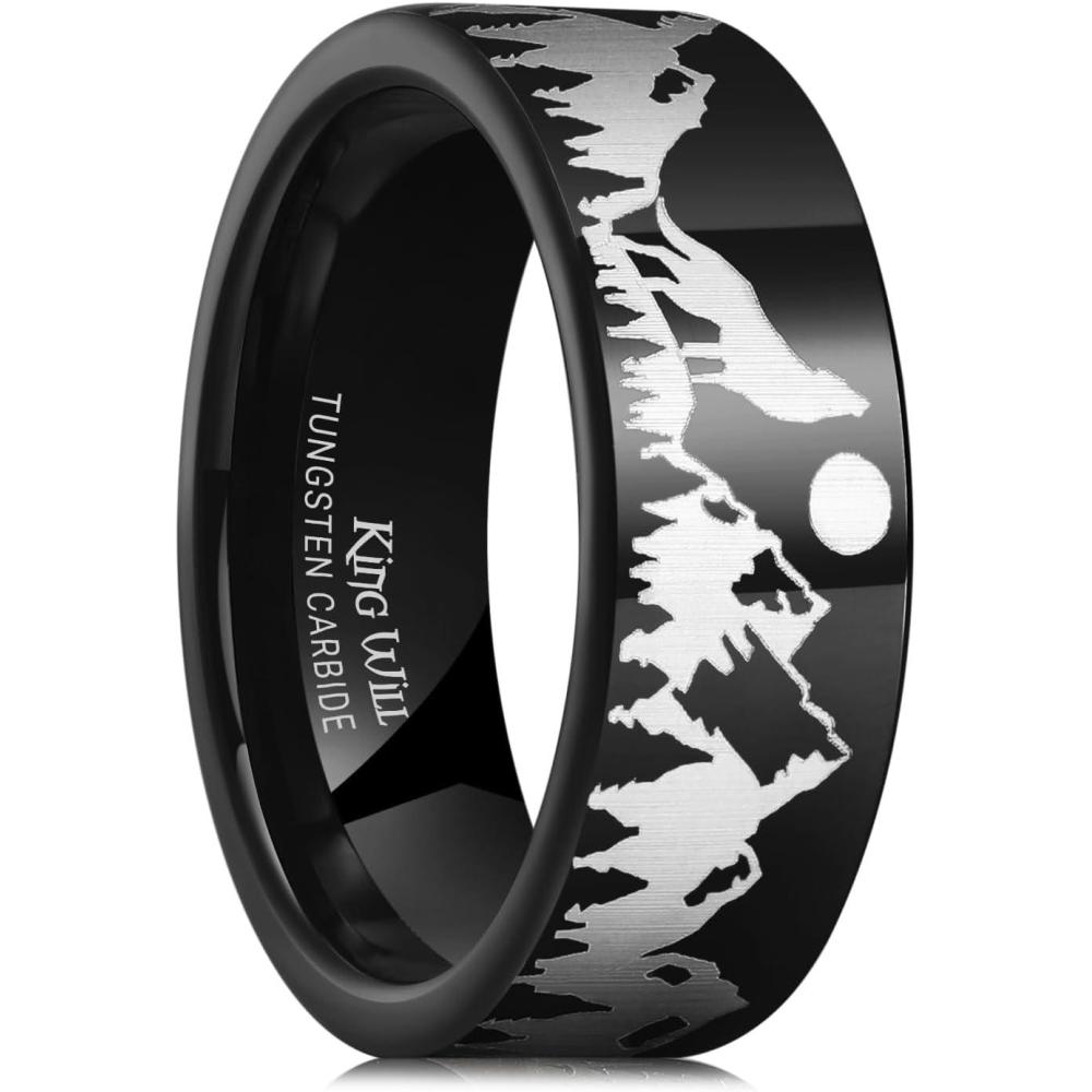 imageKing Will Mens 6mm 8mm Black Silver Tungsten Carbide Wedding Bands Inlay Lasered SeagullForest LandscapPandaDeerHuntingFly Fishing Brushed Wedding Rings for Men WomenHowling Wolves
