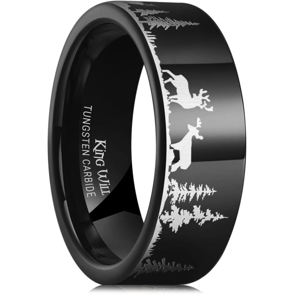 imageKing Will Mens 6mm 8mm Black Silver Tungsten Carbide Wedding Bands Inlay Lasered SeagullForest LandscapPandaDeerHuntingFly Fishing Brushed Wedding Rings for Men WomenDeer