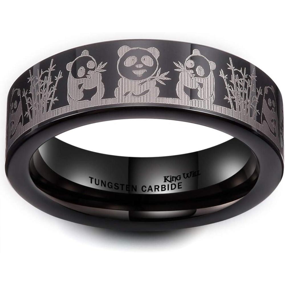 imageKing Will Mens 6mm 8mm Black Silver Tungsten Carbide Wedding Bands Inlay Lasered SeagullForest LandscapPandaDeerHuntingFly Fishing Brushed Wedding Rings for Men WomenPanda