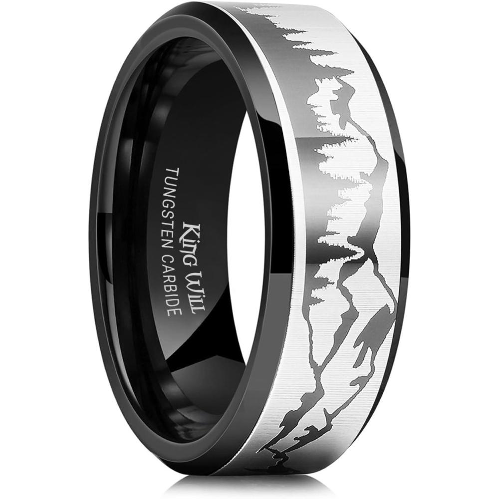 imageKing Will Mens 6mm 8mm Black Silver Tungsten Carbide Wedding Bands Inlay Lasered SeagullForest LandscapPandaDeerHuntingFly Fishing Brushed Wedding Rings for Men WomenTrucker