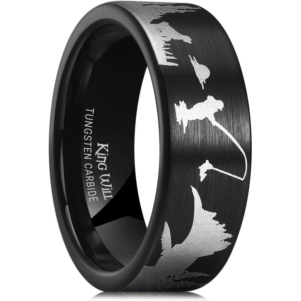 imageKing Will Mens 6mm 8mm Black Silver Tungsten Carbide Wedding Bands Inlay Lasered SeagullForest LandscapPandaDeerHuntingFly Fishing Brushed Wedding Rings for Men WomenFly Fishing