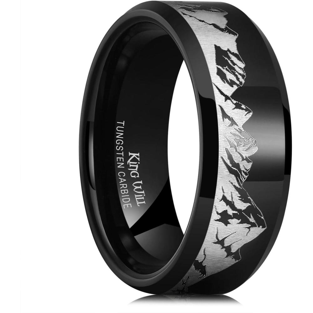 imageKing Will Mens 6mm 8mm Black Silver Tungsten Carbide Wedding Bands Inlay Lasered SeagullForest LandscapPandaDeerHuntingFly Fishing Brushed Wedding Rings for Men WomenBlack