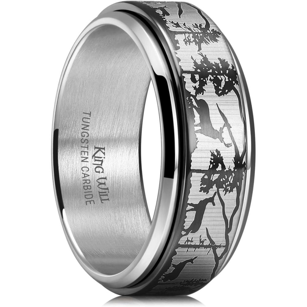 imageKing Will Mens 6mm 8mm Black Silver Tungsten Carbide Wedding Bands Inlay Lasered SeagullForest LandscapPandaDeerHuntingFly Fishing Brushed Wedding Rings for Men WomenDeer Family
