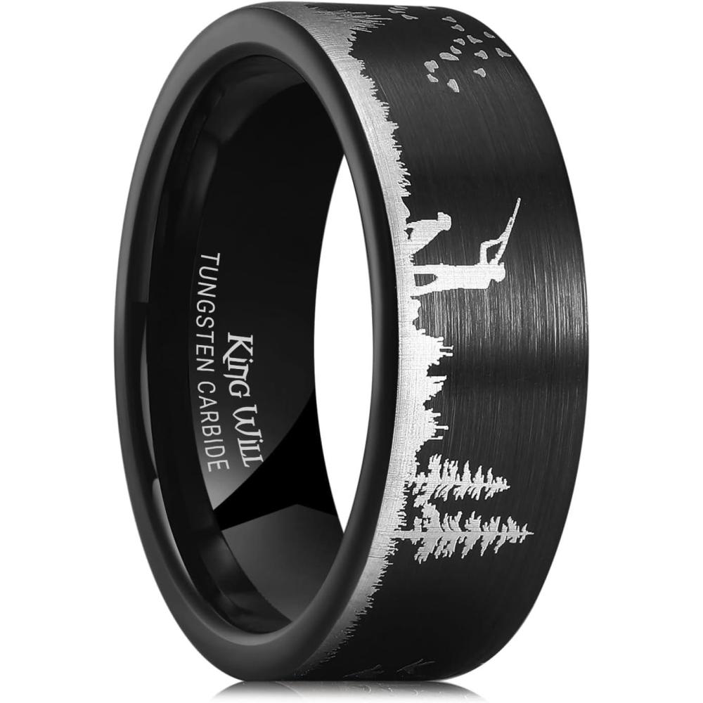 imageKing Will Mens 6mm 8mm Black Silver Tungsten Carbide Wedding Bands Inlay Lasered SeagullForest LandscapPandaDeerHuntingFly Fishing Brushed Wedding Rings for Men WomenHunting