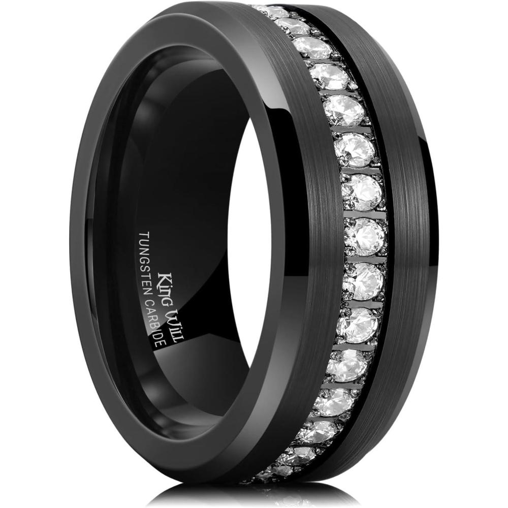 imageKing Will Mens 8mm Men Tungsten Carbied Rings Cubic Zirconia Wedding Bands Eternity Ring CZ InlayBlackWhite