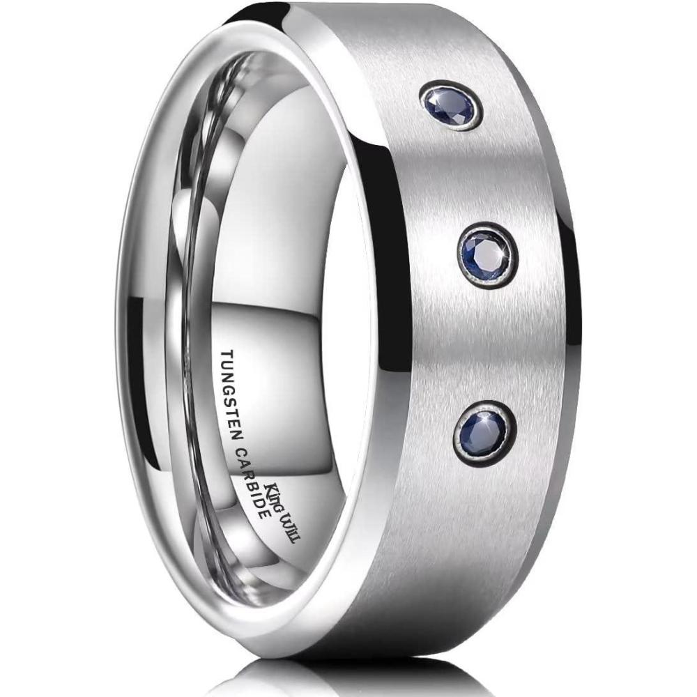 imageKing Will Mens 8mm Men Tungsten Carbied Rings Cubic Zirconia Wedding Bands Eternity Ring CZ InlayBlue CZ