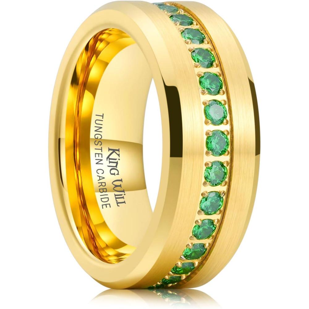 imageKing Will Mens 8mm Men Tungsten Carbied Rings Cubic Zirconia Wedding Bands Eternity Ring CZ InlayGoldGreen