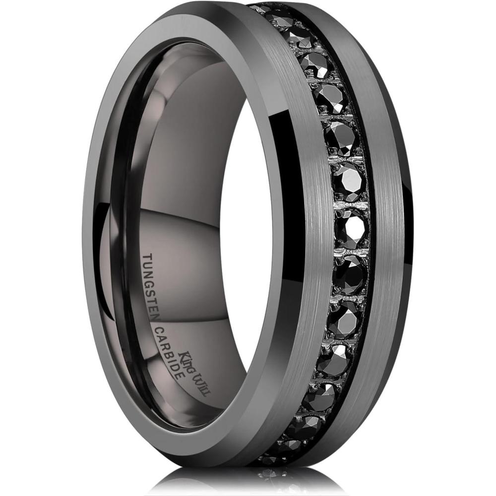 imageKing Will Mens 8mm Men Tungsten Carbied Rings Cubic Zirconia Wedding Bands Eternity Ring CZ InlayGunmetal