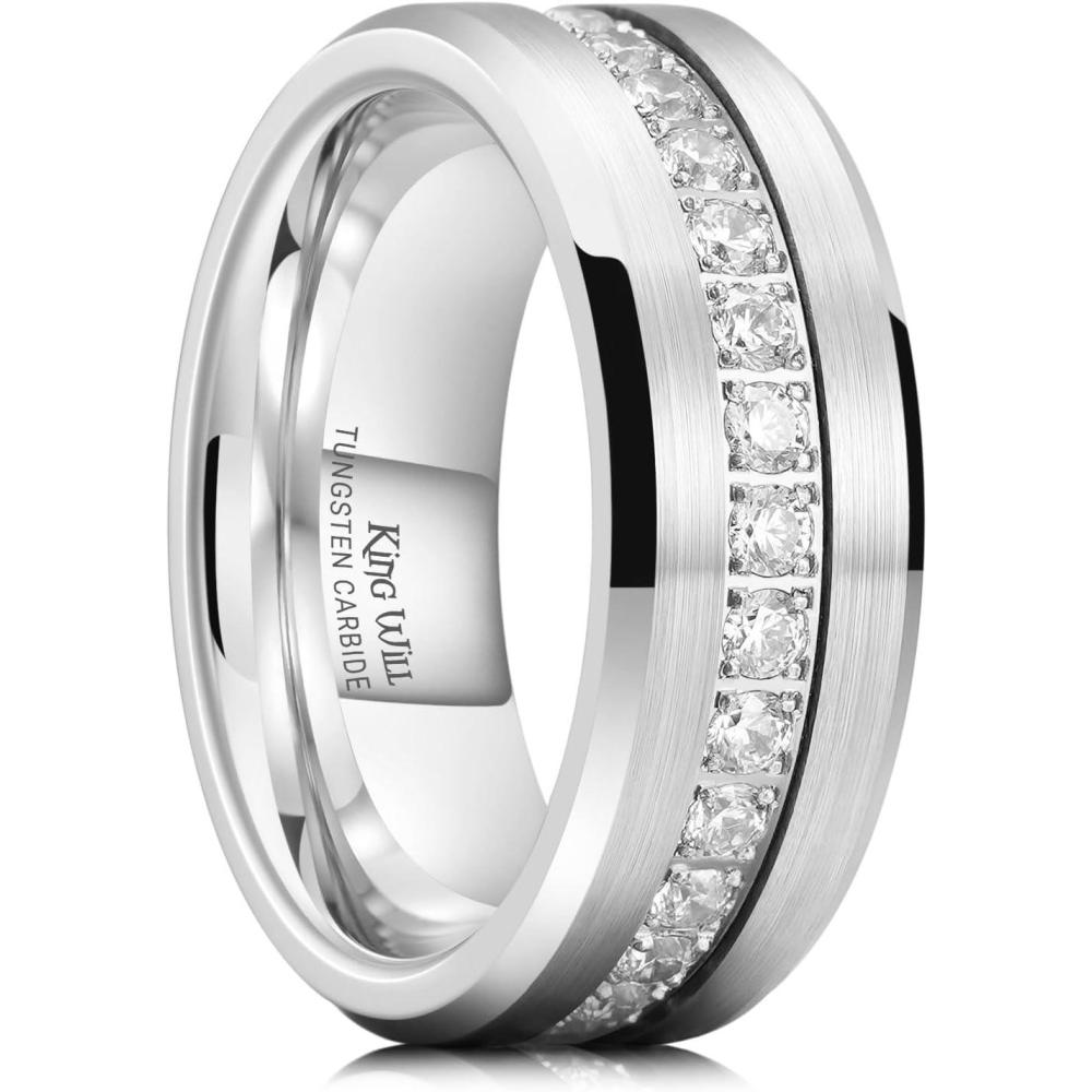 imageKing Will Mens 8mm Men Tungsten Carbied Rings Cubic Zirconia Wedding Bands Eternity Ring CZ InlayGunmetalWhite