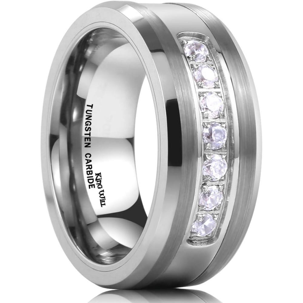 imageKing Will Mens 8mm Men Tungsten Carbied Rings Cubic Zirconia Wedding Bands Eternity Ring CZ InlaySilver