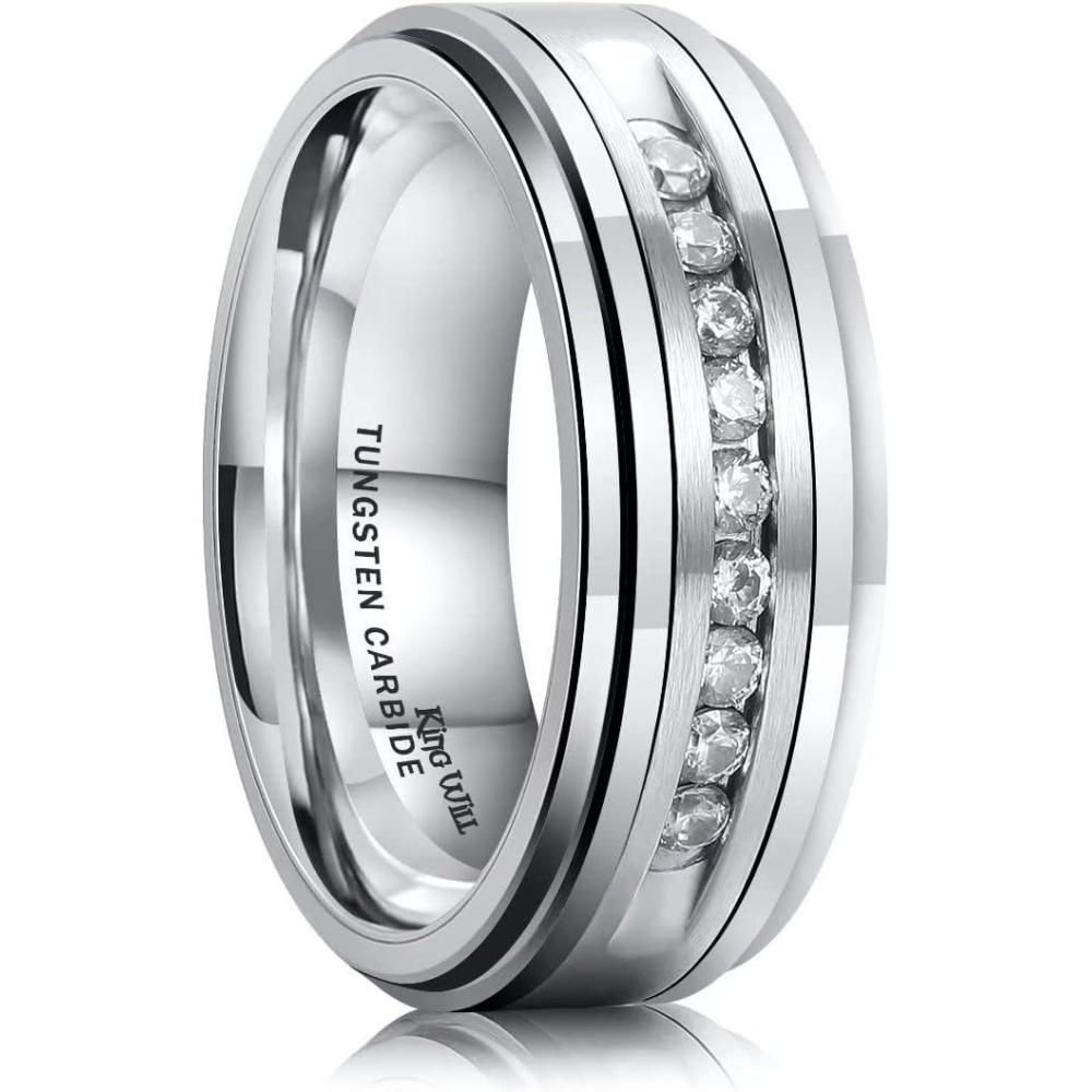 imageKing Will Mens 8mm Men Tungsten Carbied Rings Cubic Zirconia Wedding Bands Eternity Ring CZ InlaySilver Step Edge