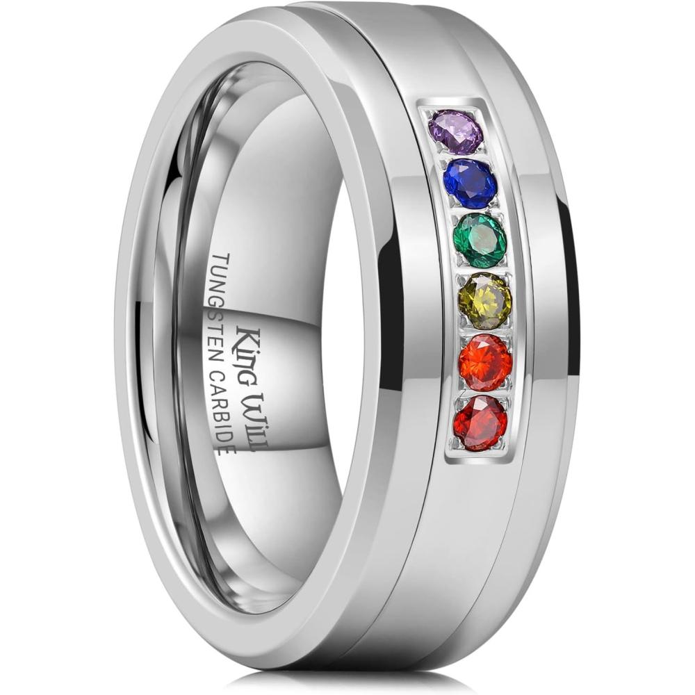 imageKing Will Mens 8mm Men Tungsten Carbied Rings Cubic Zirconia Wedding Bands Eternity Ring CZ InlaySilverColorful CZ