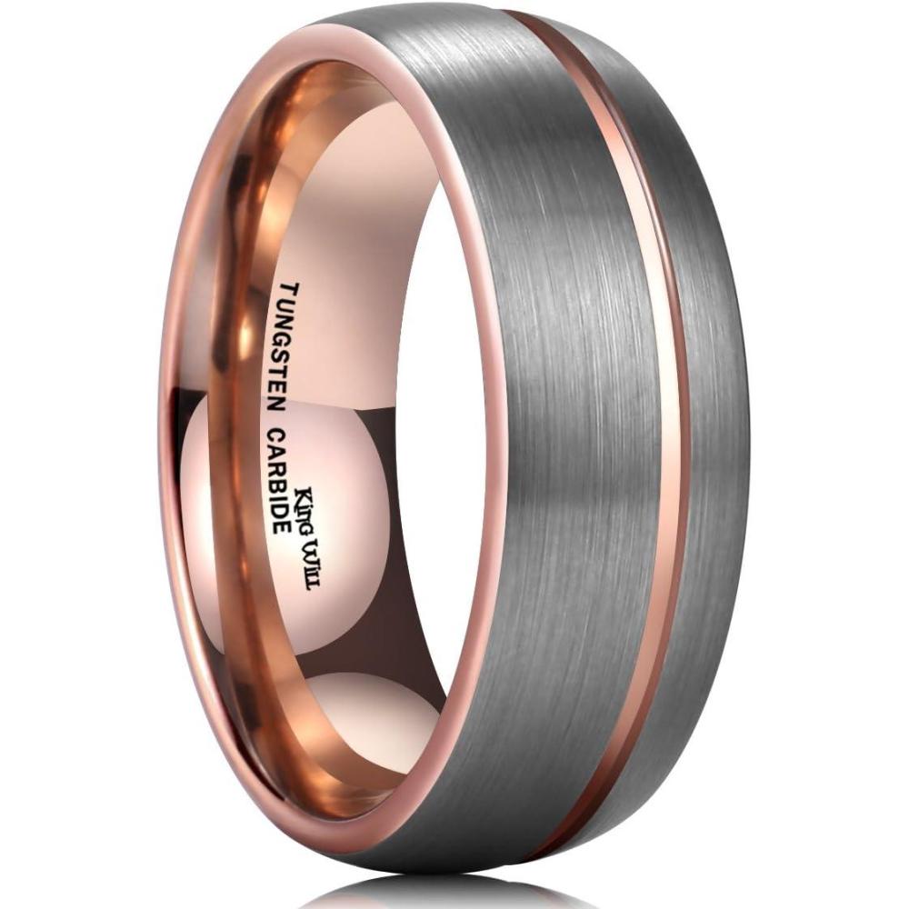 imageKing Will Mens 8mm Rose Gold GrooveGold LoopBlack Cross Groove Tungsten Carbide Wedding Ring Line Flat Pipe Cut Brushed Polished Comfort Fit 714BRose Gold