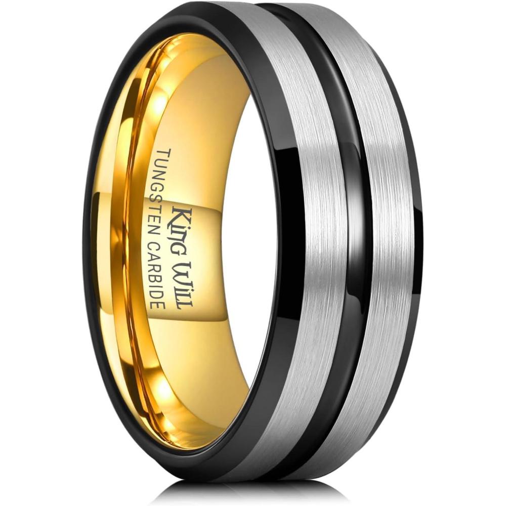 imageKing Will Mens 8mm Rose Gold GrooveGold LoopBlack Cross Groove Tungsten Carbide Wedding Ring Line Flat Pipe Cut Brushed Polished Comfort Fit 714GunmetalGold Plated