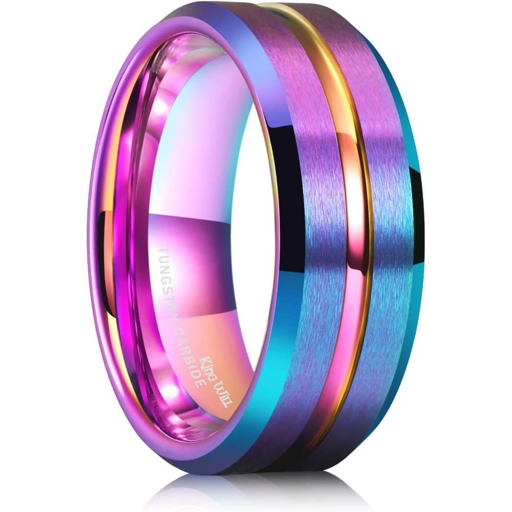 imageKing Will Mens 8mm Rose Gold GrooveGold LoopBlack Cross Groove Tungsten Carbide Wedding Ring Line Flat Pipe Cut Brushed Polished Comfort Fit 714Rainbow