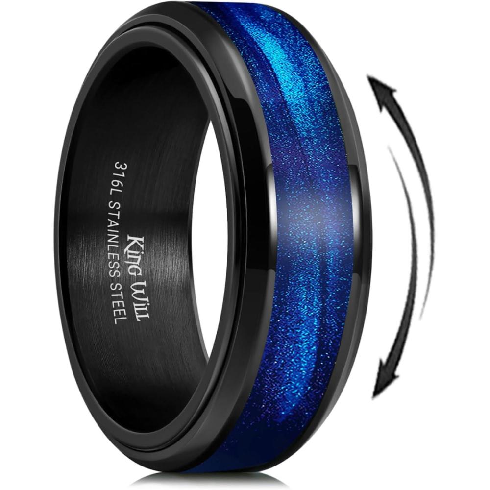 imageKing Will Mens 8mm Stainless Steel Rings Anxiety Fidget Spinner Ring Black Plated Blue Green Galaxy Sand Inlay Beveled Edge Spinning Wedding Bands Comfort Fit Size 712Blue
