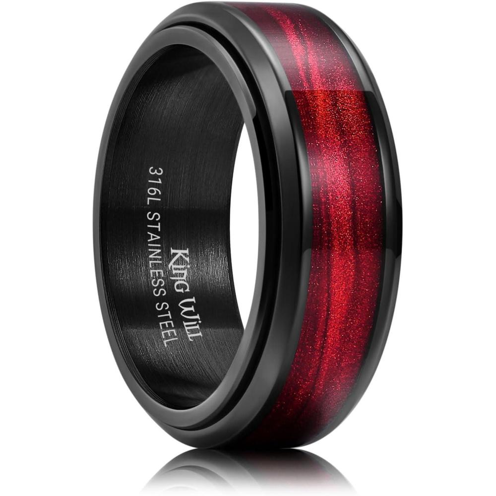 imageKing Will Mens 8mm Stainless Steel Rings Anxiety Fidget Spinner Ring Black Plated Blue Green Galaxy Sand Inlay Beveled Edge Spinning Wedding Bands Comfort Fit Size 712Red