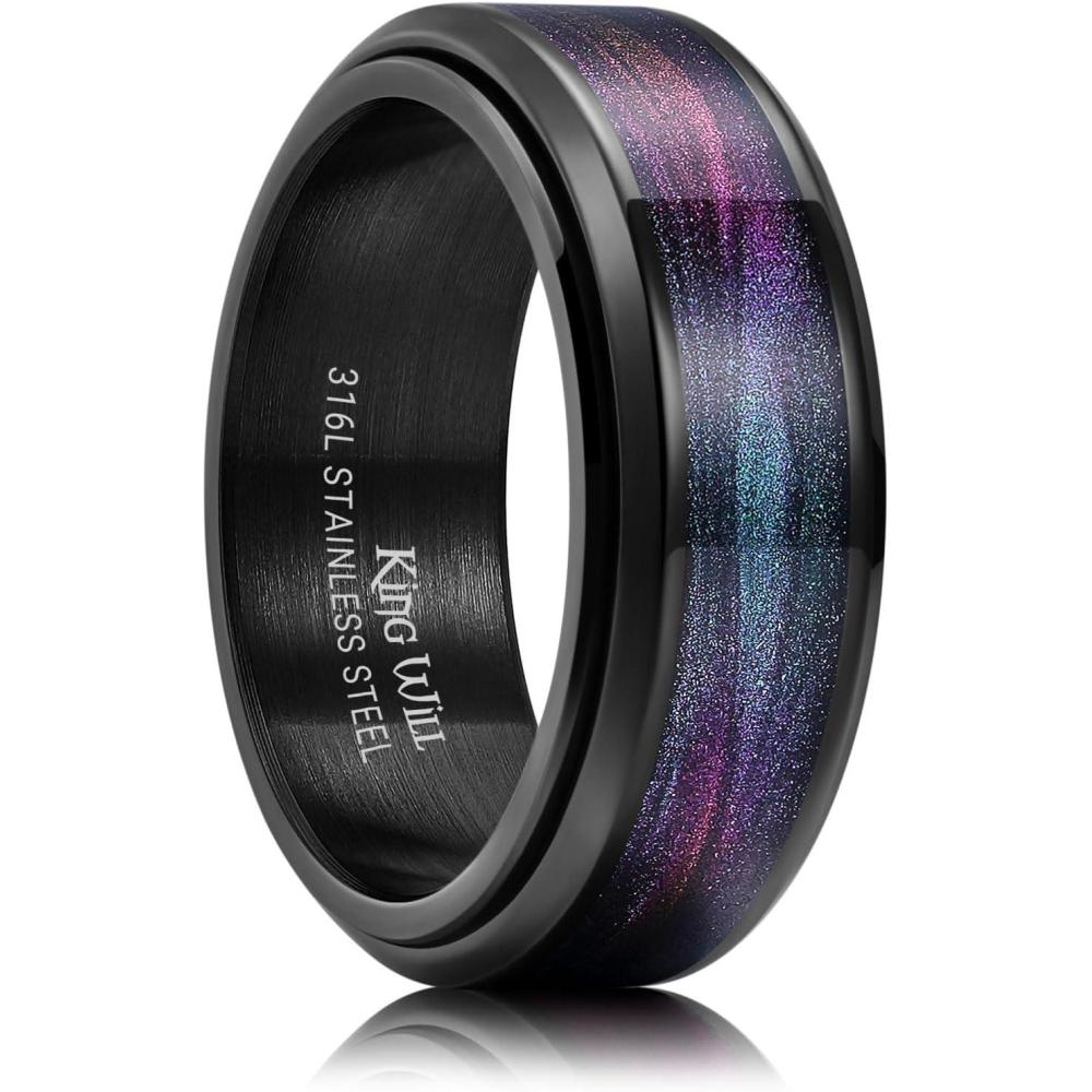 imageKing Will Mens 8mm Stainless Steel Rings Anxiety Fidget Spinner Ring Black Plated Blue Green Galaxy Sand Inlay Beveled Edge Spinning Wedding Bands Comfort Fit Size 712Purple Green