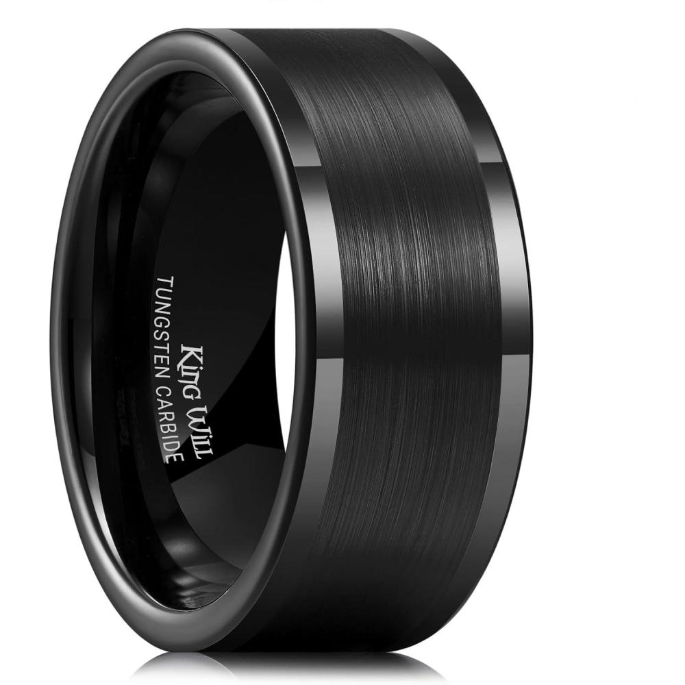 imageKing Will Mens Brushed Wedding Band Two Tone Matte Step EdgesPipe Cut Tungsten Carbide Anniversary Promise Rings Comfort FitBlack Pipe Cut10mm