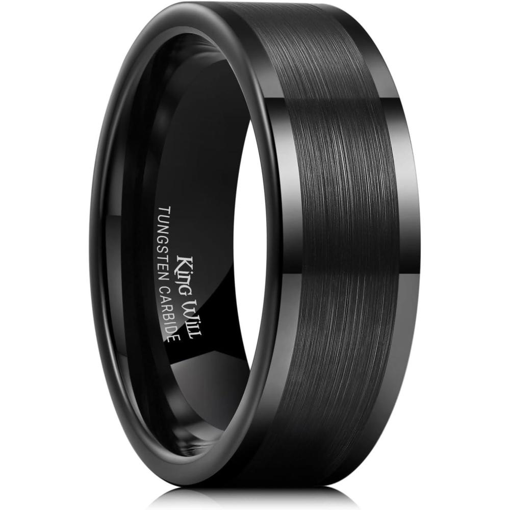 imageKing Will Mens Brushed Wedding Band Two Tone Matte Step EdgesPipe Cut Tungsten Carbide Anniversary Promise Rings Comfort FitBlack Pipe Cut8mm