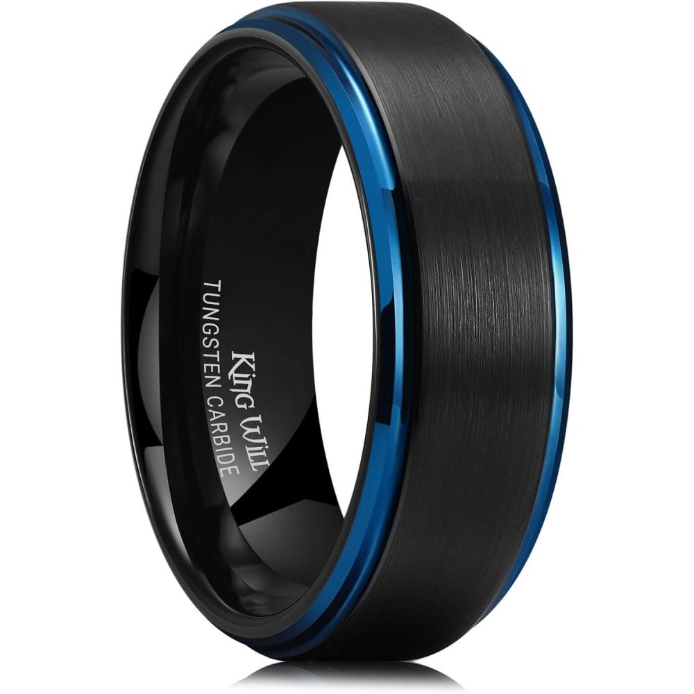 imageKing Will Mens Brushed Wedding Band Two Tone Matte Step EdgesPipe Cut Tungsten Carbide Anniversary Promise Rings Comfort FitBlackBlue Edge8mm
