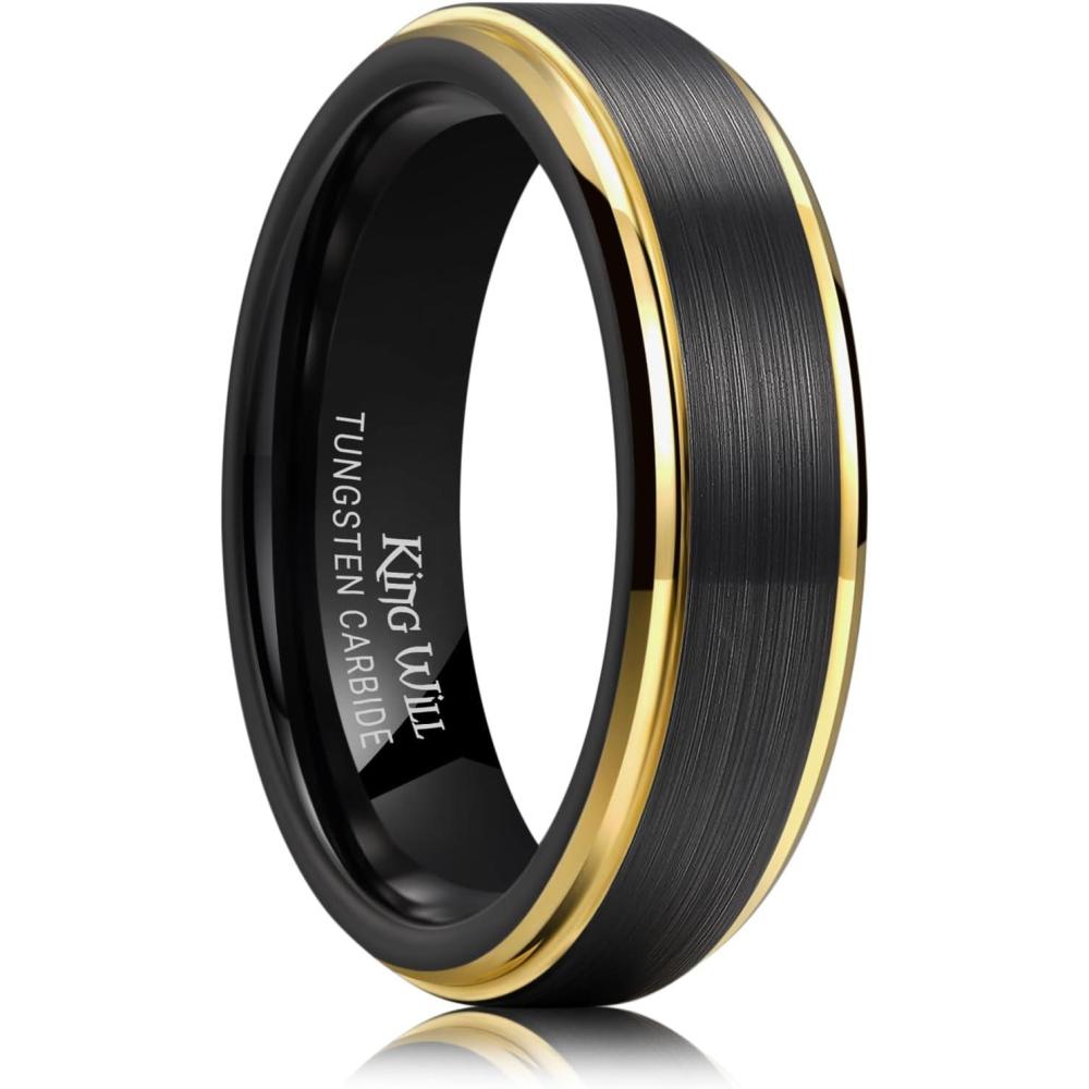 imageKing Will Mens Brushed Wedding Band Two Tone Matte Step EdgesPipe Cut Tungsten Carbide Anniversary Promise Rings Comfort FitBlackGold Edge6mm