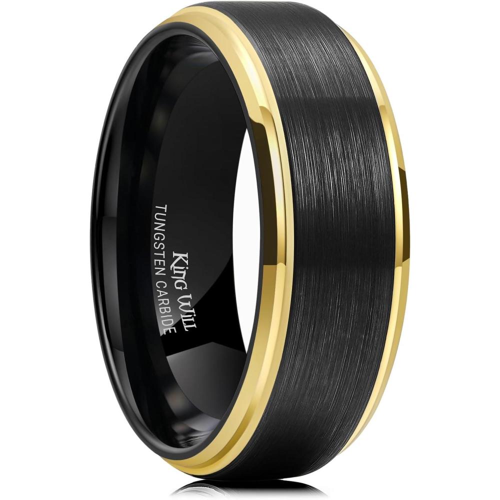 imageKing Will Mens Brushed Wedding Band Two Tone Matte Step EdgesPipe Cut Tungsten Carbide Anniversary Promise Rings Comfort FitBlackGold Edge8mm