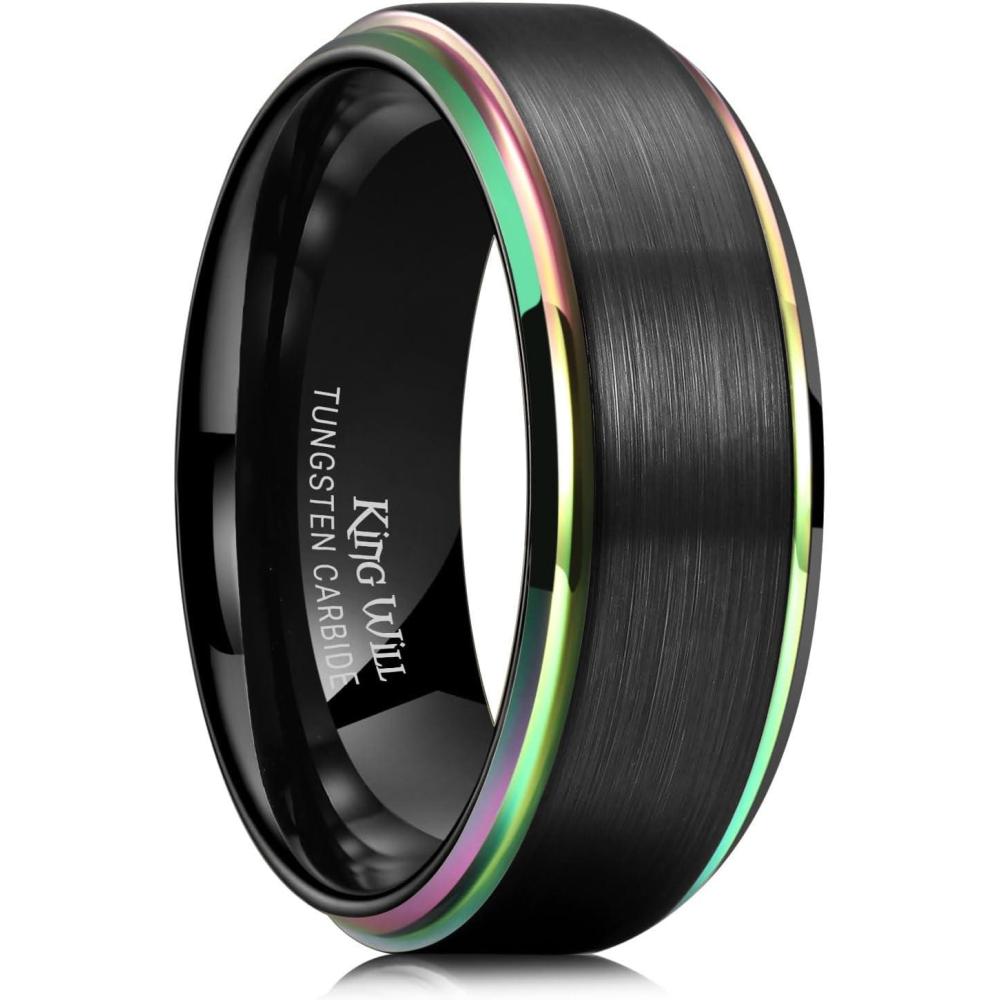 imageKing Will Mens Brushed Wedding Band Two Tone Matte Step EdgesPipe Cut Tungsten Carbide Anniversary Promise Rings Comfort FitBlackRainbow Edge8mm