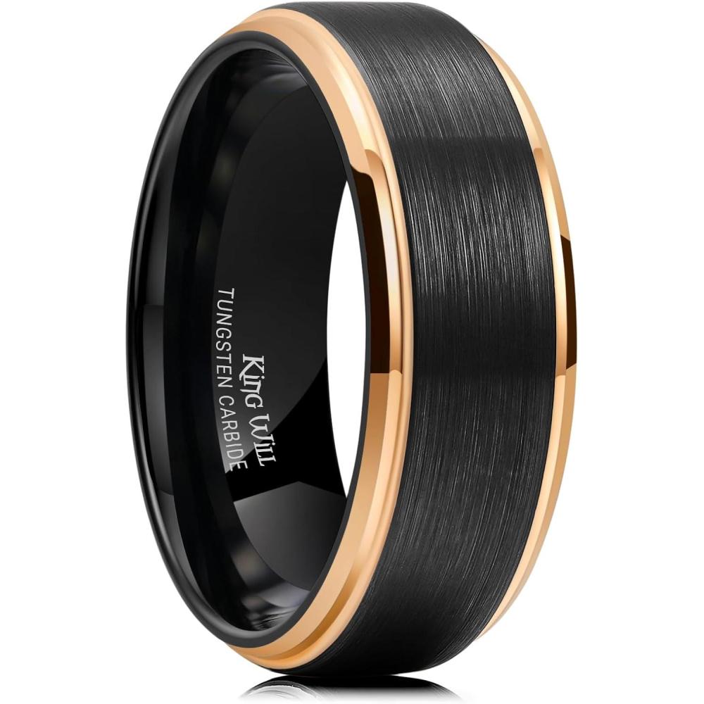 imageKing Will Mens Brushed Wedding Band Two Tone Matte Step EdgesPipe Cut Tungsten Carbide Anniversary Promise Rings Comfort FitBlackRose Gold Edge8mm