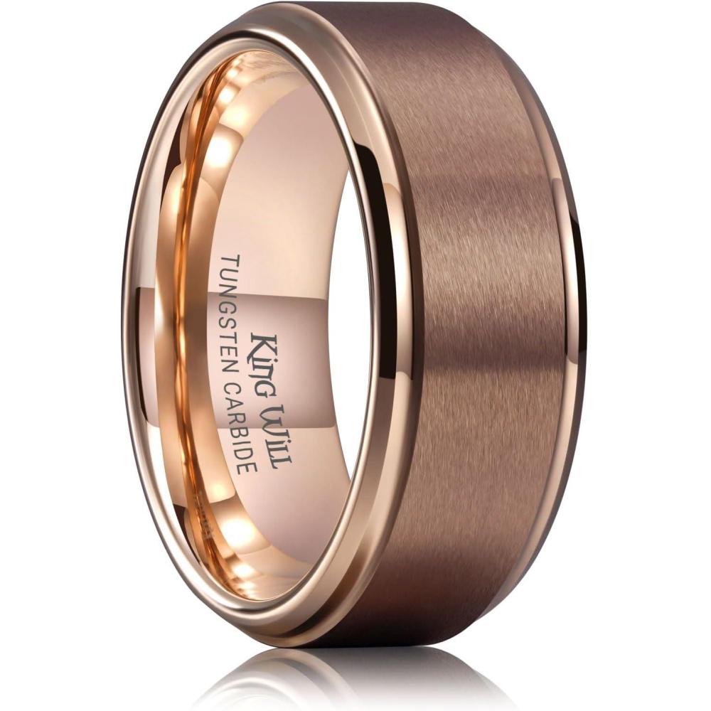 imageKing Will Mens Brushed Wedding Band Two Tone Matte Step EdgesPipe Cut Tungsten Carbide Anniversary Promise Rings Comfort FitBrownRose Gold8mm