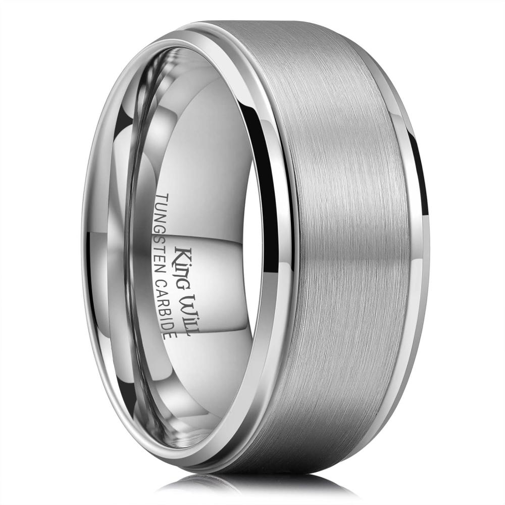 imageKing Will Mens Brushed Wedding Band Two Tone Matte Step EdgesPipe Cut Tungsten Carbide Anniversary Promise Rings Comfort FitSilver10mm