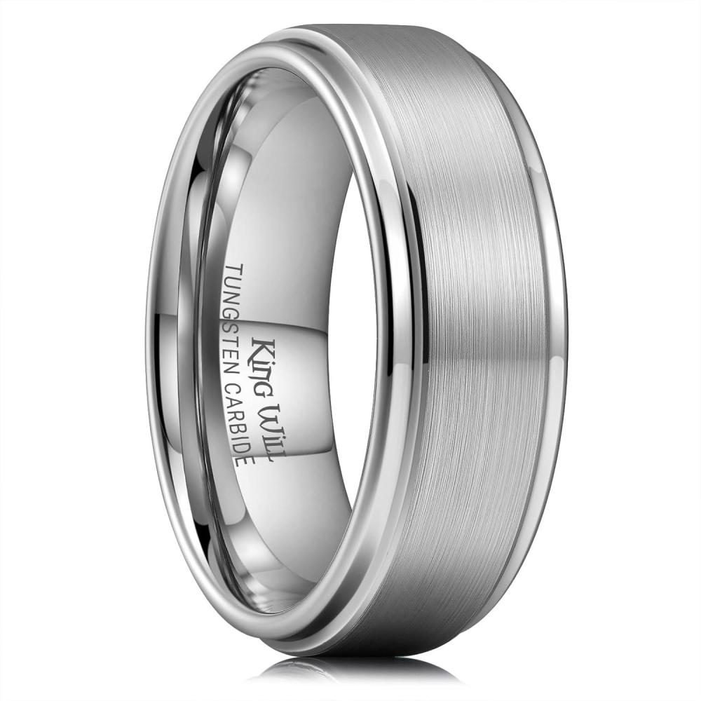 imageKing Will Mens Brushed Wedding Band Two Tone Matte Step EdgesPipe Cut Tungsten Carbide Anniversary Promise Rings Comfort FitSilver8mm