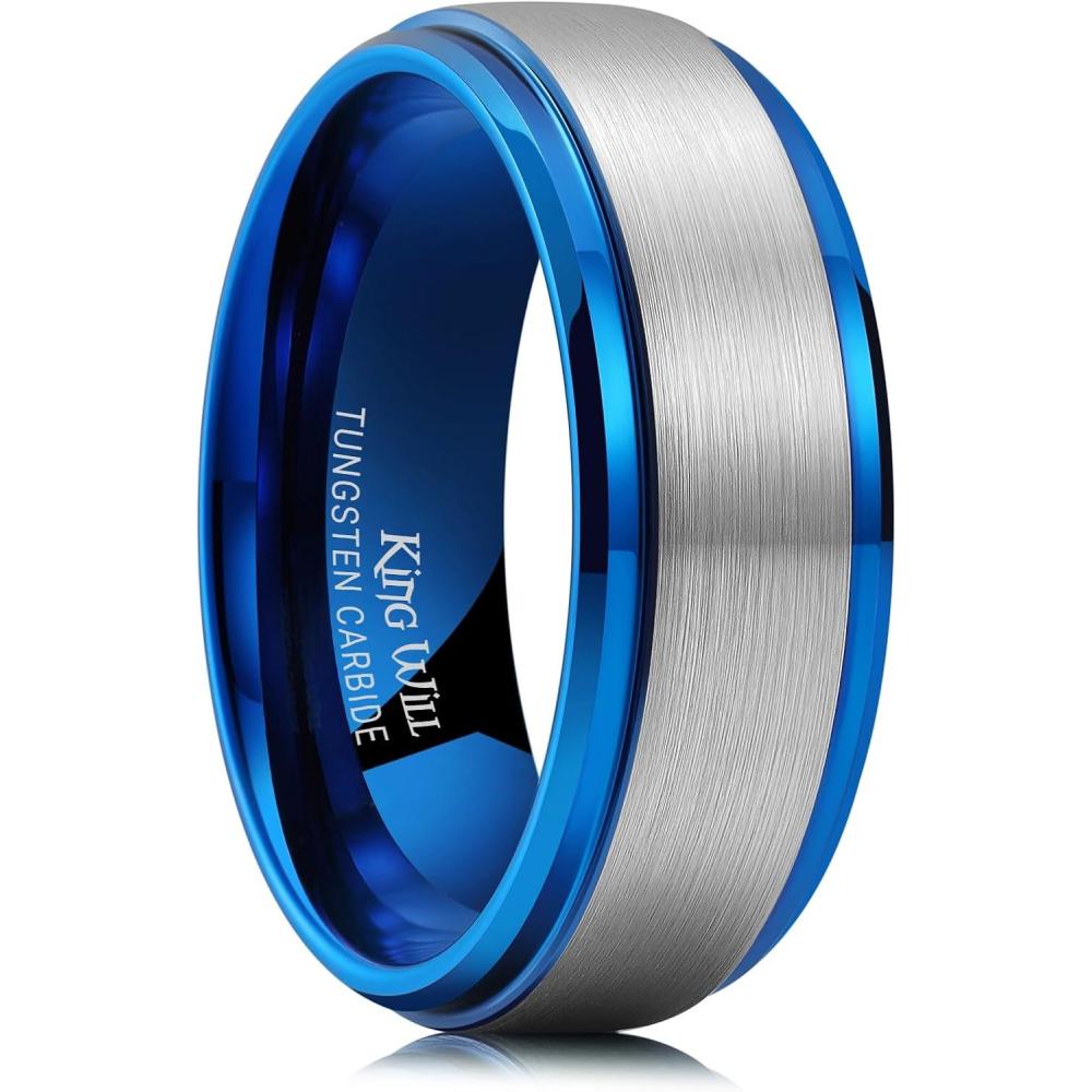 imageKing Will Mens Brushed Wedding Band Two Tone Matte Step EdgesPipe Cut Tungsten Carbide Anniversary Promise Rings Comfort FitSilverBlue8mm