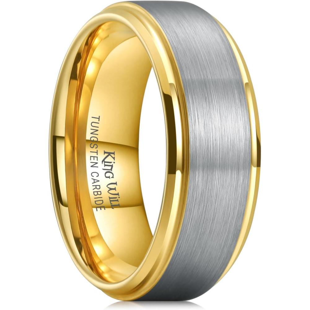 imageKing Will Mens Brushed Wedding Band Two Tone Matte Step EdgesPipe Cut Tungsten Carbide Anniversary Promise Rings Comfort FitSilverGold8mm