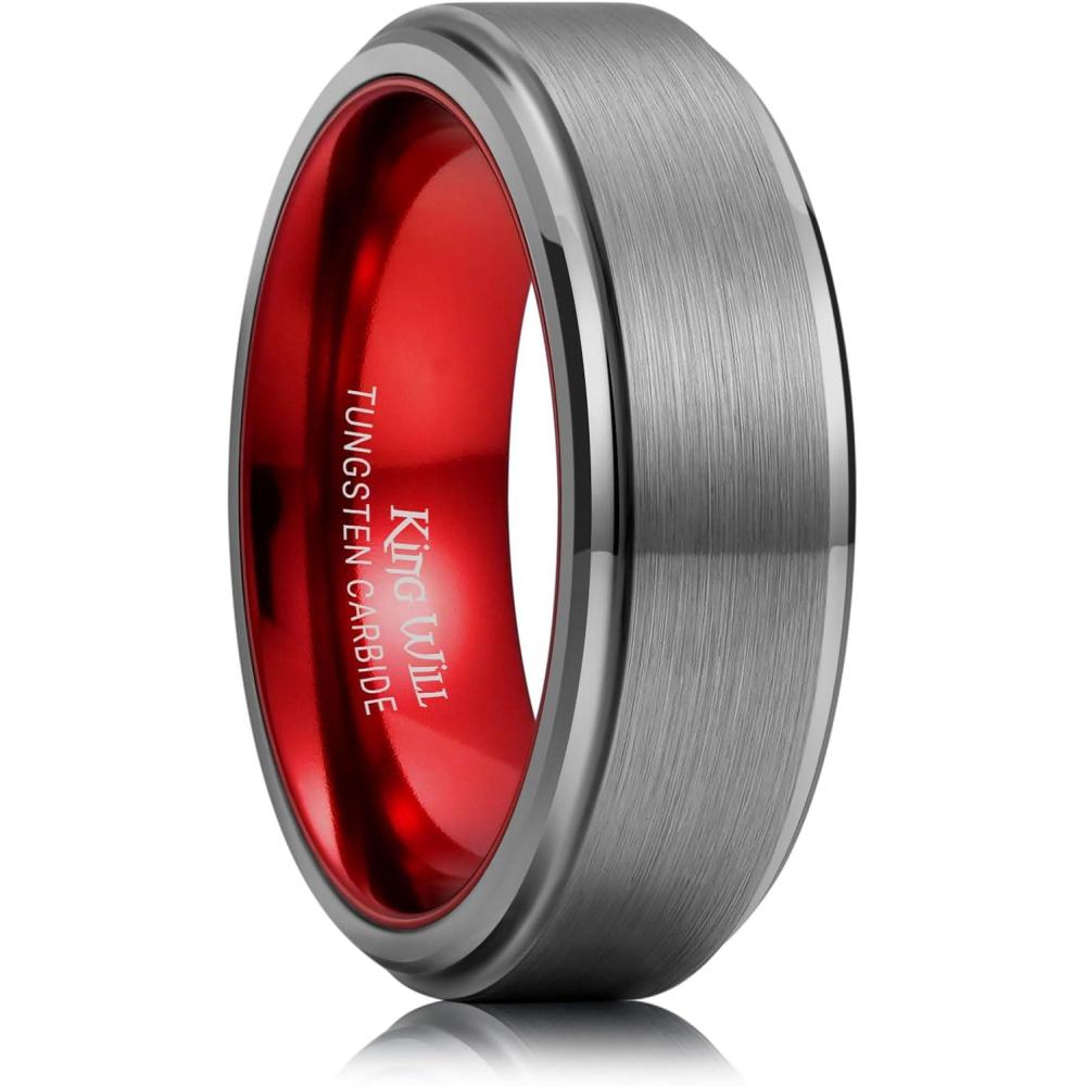 imageKing Will Mens Brushed Wedding Band Two Tone Matte Step EdgesPipe Cut Tungsten Carbide Anniversary Promise Rings Comfort FitSilverRed8mm