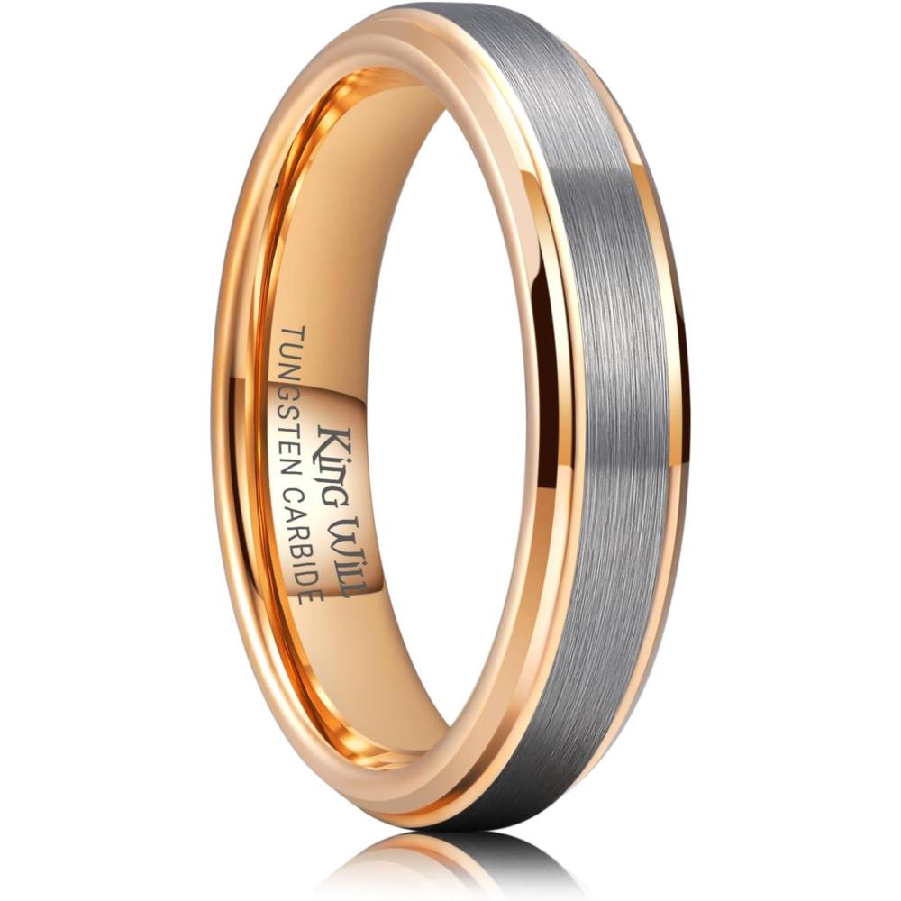imageKing Will Mens Brushed Wedding Band Two Tone Matte Step EdgesPipe Cut Tungsten Carbide Anniversary Promise Rings Comfort FitSilverRose Gold5mm