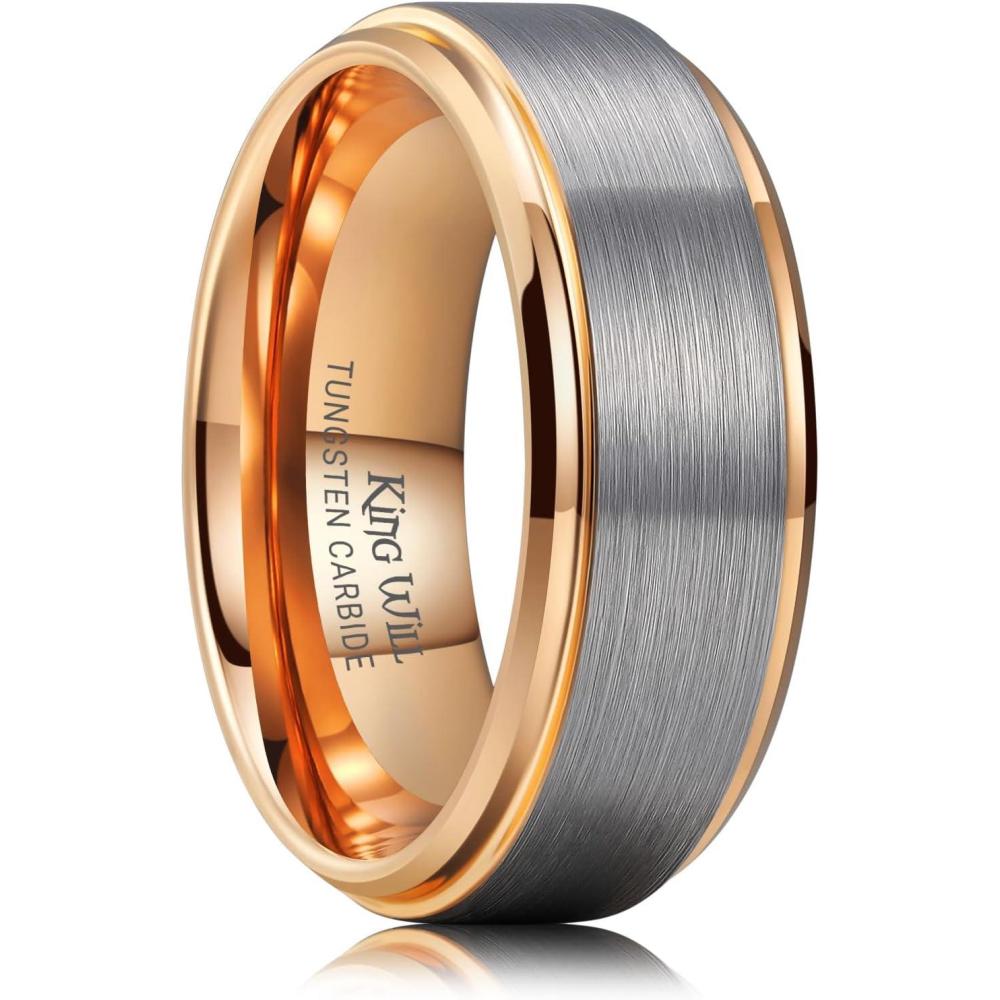 imageKing Will Mens Brushed Wedding Band Two Tone Matte Step EdgesPipe Cut Tungsten Carbide Anniversary Promise Rings Comfort FitSilverRose Gold8mm