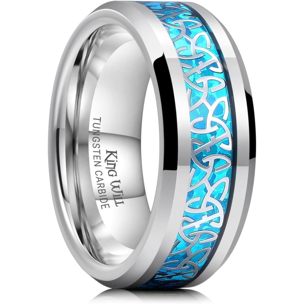 imageKing Will Mens Cetic Knot Tungsten Carbide Ring OpalCarbon Fiber Inlay 6mm8mm Wedding Band for Men Engagement Ring Comfort Fit8mmBlue Opal