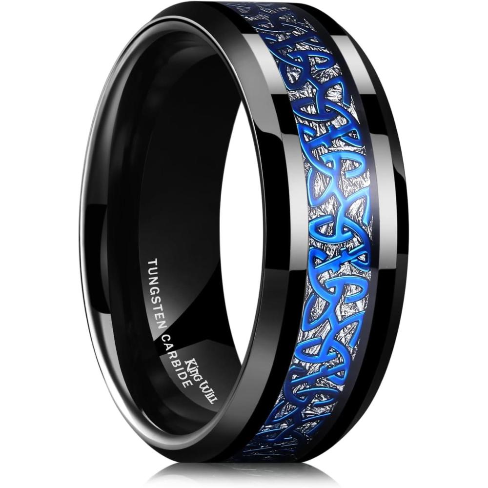 imageKing Will Mens Cetic Knot Tungsten Carbide Ring OpalCarbon Fiber Inlay 6mm8mm Wedding Band for Men Engagement Ring Comfort FitBlueSilver8mm