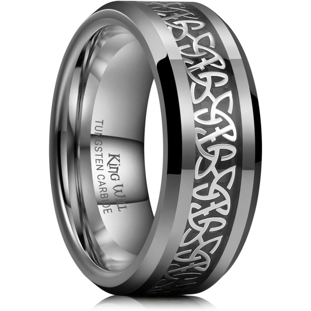 imageKing Will Mens Cetic Knot Tungsten Carbide Ring OpalCarbon Fiber Inlay 6mm8mm Wedding Band for Men Engagement Ring Comfort FitGunmetalSilver8mm