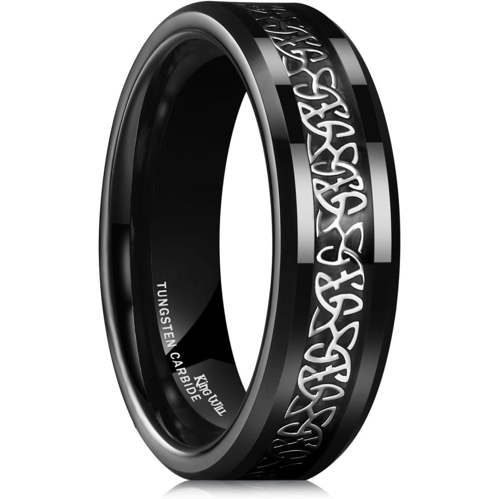 imageKing Will Mens Cetic Knot Tungsten Carbide Ring OpalCarbon Fiber Inlay 6mm8mm Wedding Band for Men Engagement Ring Comfort FitSilverBlack6mm