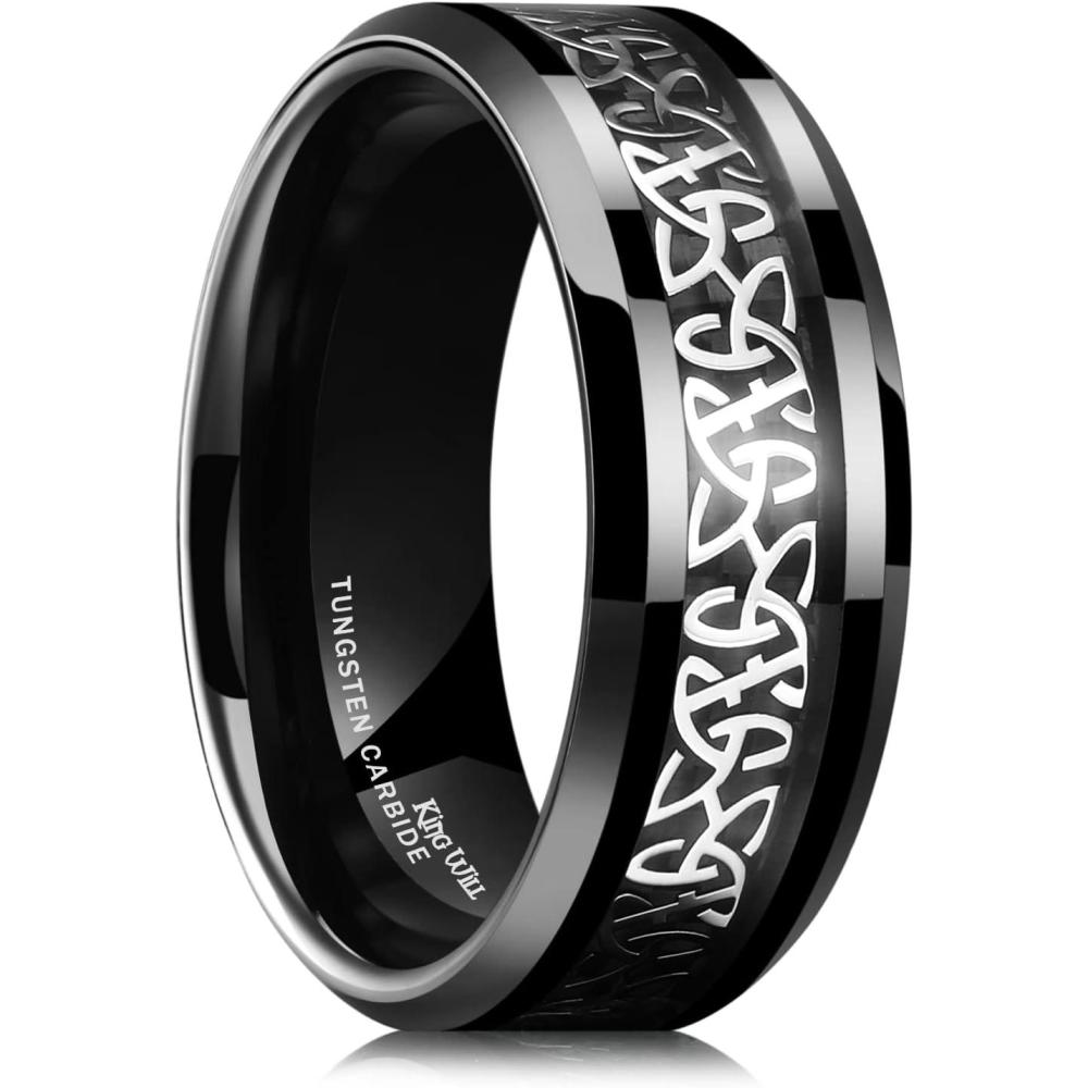 imageKing Will Mens Cetic Knot Tungsten Carbide Ring OpalCarbon Fiber Inlay 6mm8mm Wedding Band for Men Engagement Ring Comfort FitSilverBlack8mm