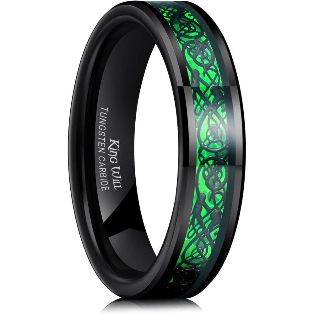 imageKing Will Mens Dragon Celtic Tungsten Ring 5678mm Widths Polished Beveled Edge Comfort Fit Carbide Wedding Band Promise Rings Size 416AGreen 5mm