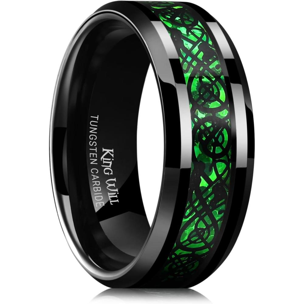 imageKing Will Mens Dragon Celtic Tungsten Ring 5678mm Widths Polished Beveled Edge Comfort Fit Carbide Wedding Band Promise Rings Size 416AGreen 8mm