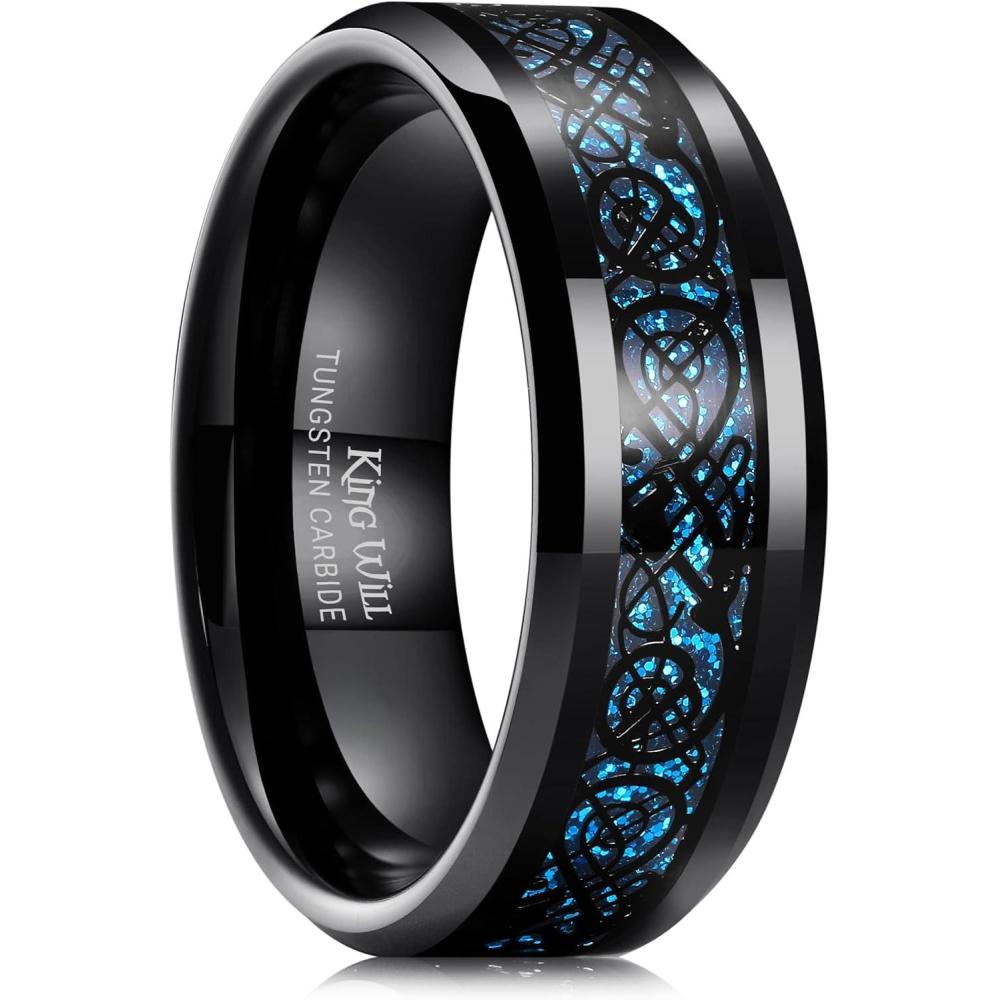 imageKing Will Mens Dragon Celtic Tungsten Ring 5678mm Widths Polished Beveled Edge Comfort Fit Carbide Wedding Band Promise Rings Size 416ALight Blue Sand 8mm