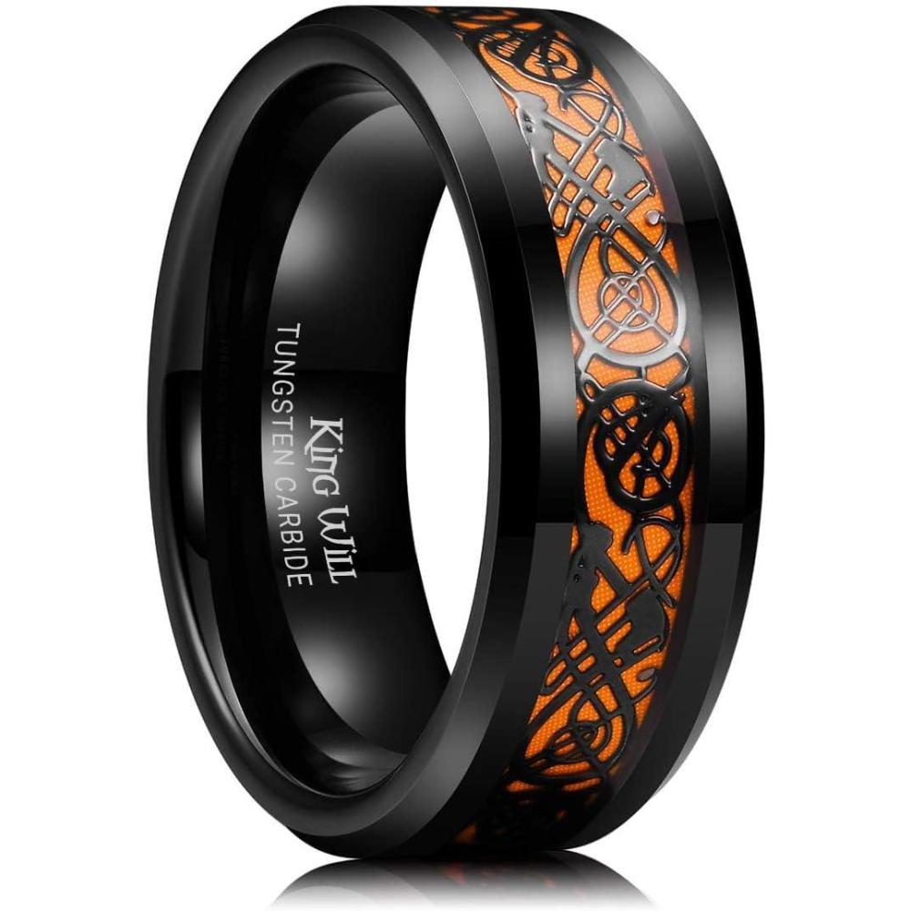 imageKing Will Mens Dragon Celtic Tungsten Ring 5678mm Widths Polished Beveled Edge Comfort Fit Carbide Wedding Band Promise Rings Size 416AOrange 8mm