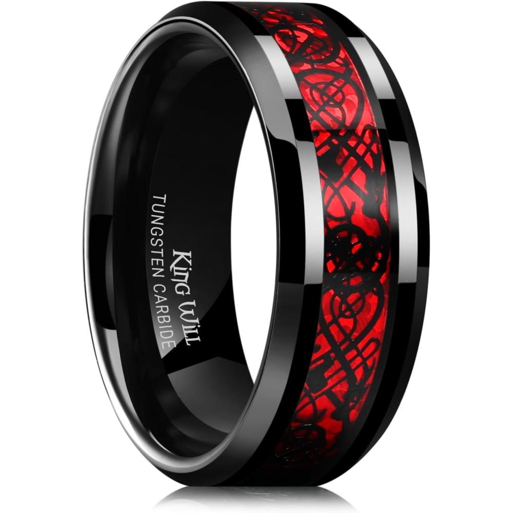 imageKing Will Mens Dragon Celtic Tungsten Ring 5678mm Widths Polished Beveled Edge Comfort Fit Carbide Wedding Band Promise Rings Size 416ARed 8mm