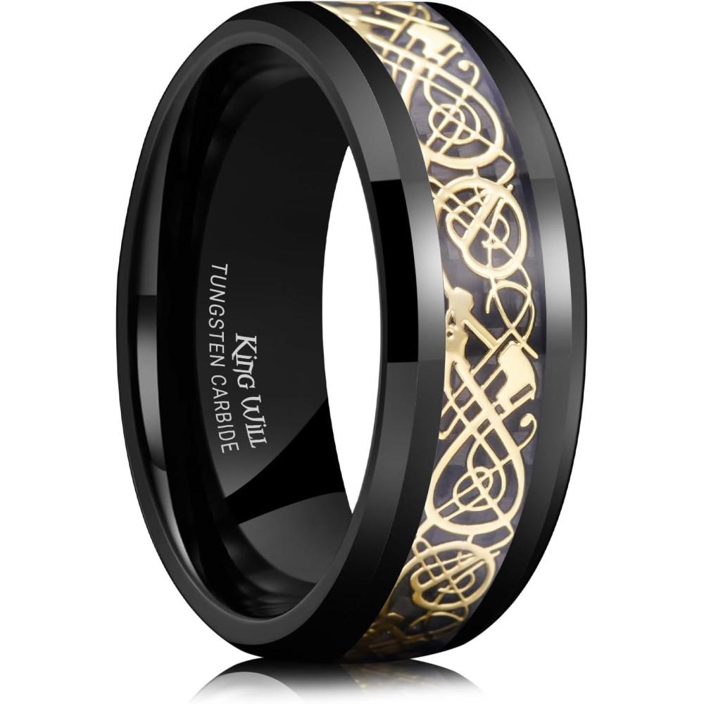 imageKing Will Mens Dragon Celtic Tungsten Ring 5678mm Widths Polished Beveled Edge Comfort Fit Carbide Wedding Band Promise Rings Size 416BBlackGold 8mm