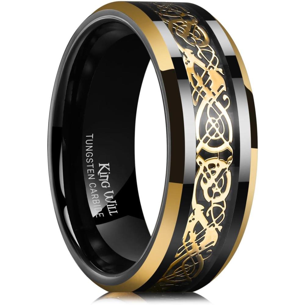 imageKing Will Mens Dragon Celtic Tungsten Ring 5678mm Widths Polished Beveled Edge Comfort Fit Carbide Wedding Band Promise Rings Size 416BGold Edge 8mm