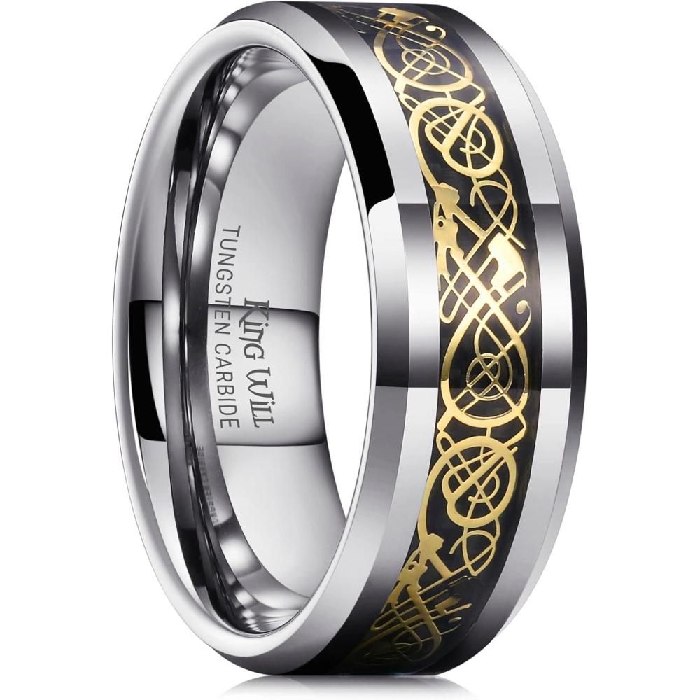 imageKing Will Mens Dragon Celtic Tungsten Ring 5678mm Widths Polished Beveled Edge Comfort Fit Carbide Wedding Band Promise Rings Size 416BSilverGold 8mm